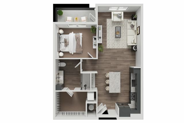Modern 1-bedroom apartment floor plan with open-concept kitchen, cozy living area, stylish bathroom, and private balcony.