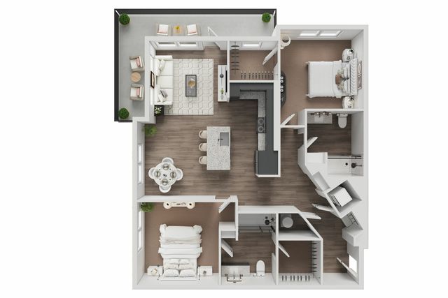 Modern open-concept apartment floor plan featuring two spacious bedrooms, a sleek kitchen island, inviting living area with balcony access, and elegant dining space.