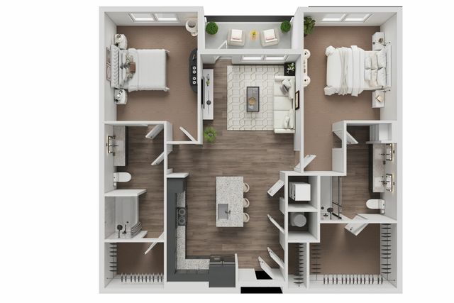 Modern floor plan showcasing 2 spacious bedrooms, sleek kitchen with island, inviting living room, and stylish bathrooms.