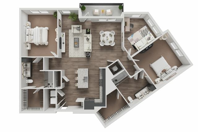 Modern open floor plan with 3 bedrooms, spacious living area, sleek kitchen, and cozy dining space.
