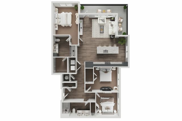 Modern 3D floor plan featuring three bedrooms, a sleek open-concept kitchen with an island, cozy living area, and two bathrooms. Ideal for a stylish and spacious urban living experience.