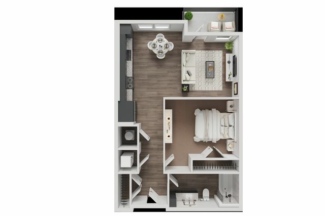 Modern 1-bedroom apartment floor plan with an open-concept living area, sleek kitchen, and private balcony.