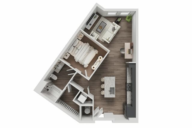 Chic 3D floor plan showcasing a modern 1-bedroom apartment with an open-concept kitchen, inviting living area, and stylish home office space.