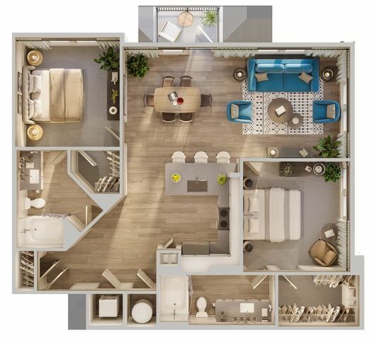 Modern floor plan showcasing 2 bedrooms, open-concept living and dining area, stylish kitchen with island, two bathrooms, and a cozy balcony.