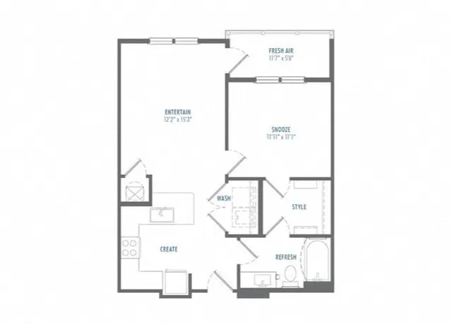 Modern floor plan showcasing 1 bedroom, a spacious living area, and a versatile kitchen in a compact layout.