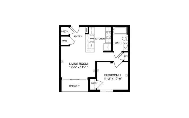 Modern 1-bedroom apartment floor plan with a spacious living room, open kitchen, private balcony, and convenient bath and laundry areas.