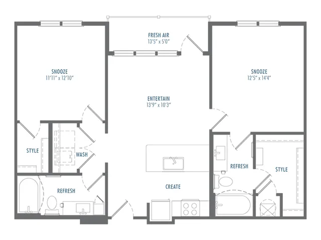 Chic floor plan showcasing 2 bedrooms, spacious kitchen with island, open living area, and dual bathrooms for modern living.