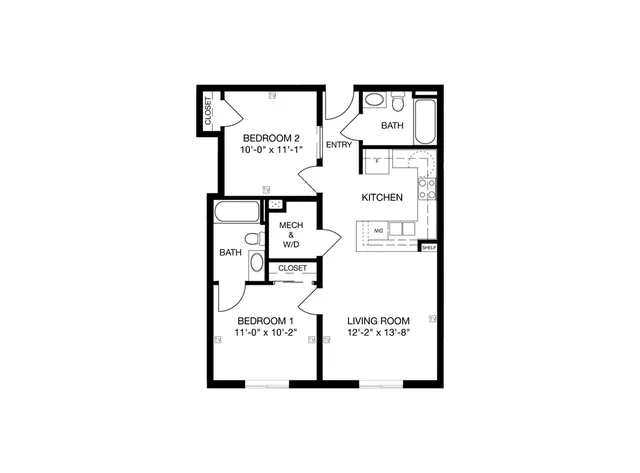 Modern floor plan showcasing 2 bedrooms, 2 bathrooms, a sleek kitchen, and a spacious living room.