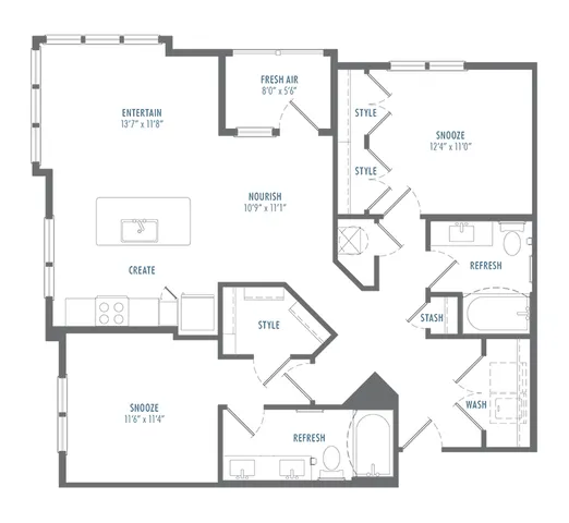 Spacious floor plan featuring two bedrooms, two bathrooms, open kitchen with island, and a stylish living area designed for comfort and entertainment.