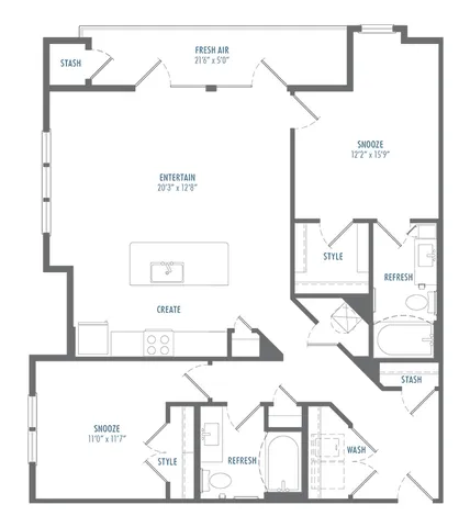 Elegant floor plan featuring two spacious bedrooms, open-concept living and kitchen area, and private balcony space.