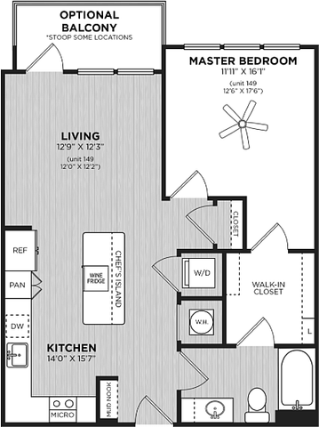 Modern floor plan showcasing a spacious master bedroom, optional balcony, open living and kitchen area with chef\'s island, and convenient walk-in closet.