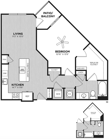 Modern floor plan with one spacious bedroom, an open-concept kitchen and living room, and a private patio balcony.