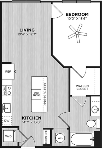 Modern floor plan showcasing 1 bedroom, open kitchen with chef&rsquo;s island and wine fridge, and spacious living area.