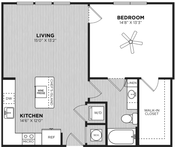 Modern 1-bedroom floor plan with open kitchen and living area, featuring a chef\'s island and wine fridge. Includes a spacious bedroom with a walk-in closet, and a convenient laundry area near the bathroom.
