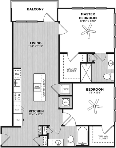 Chic apartment floor plan showcasing 2 bedrooms, a modern kitchen, spacious living area, and a balcony with dual walk-in closets.