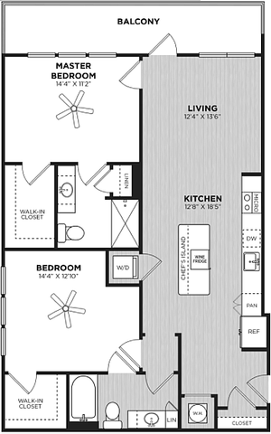 Modern floor plan featuring 2 spacious bedrooms with walk-in closets, open-concept living room, expansive kitchen with chef\'s island, and a private balcony for outdoor relaxation.