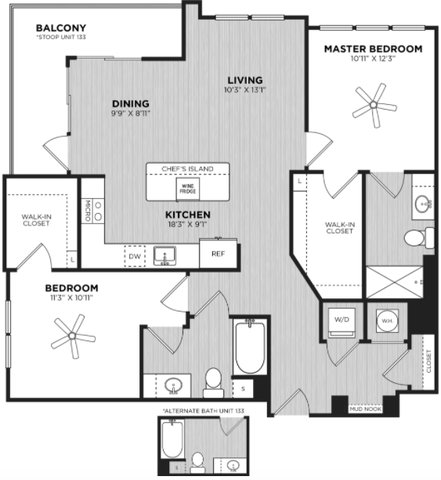 Modern floor plan featuring 2 bedrooms, a spacious kitchen with a chef\'s island, open-concept living and dining areas, large walk-in closets, and a private balcony.