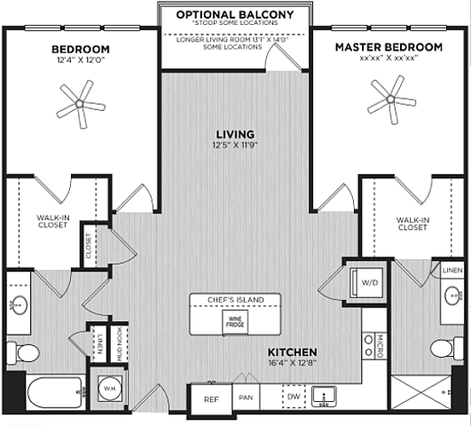 Chic floor plan showcasing 2 bedrooms with walk-in closets, spacious living area, and optional balcony, ideal for modern living.