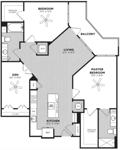 Modern floor plan showcasing 2 bedrooms, a spacious den, sleek kitchen with island, and cozy living area leading to a balcony.