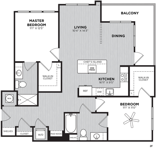 Contemporary floor plan featuring two bedrooms with walk-in closets, an open living and dining area, a modern kitchen with chef\'s island, and a spacious balcony.