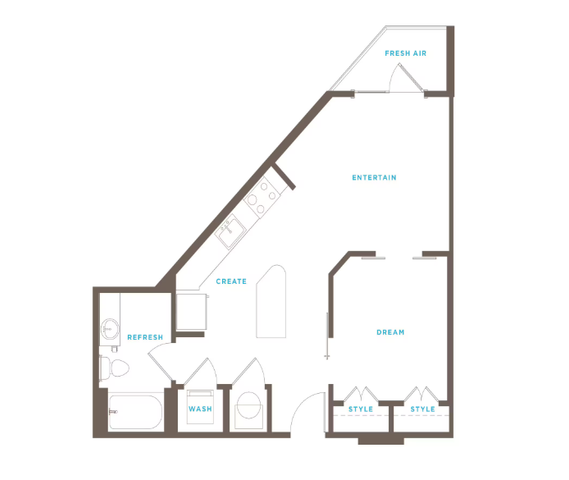 Modern floor plan showcasing a unique triangular layout with open living space, one bedroom, stylish kitchen, and a refreshing bathroom.
