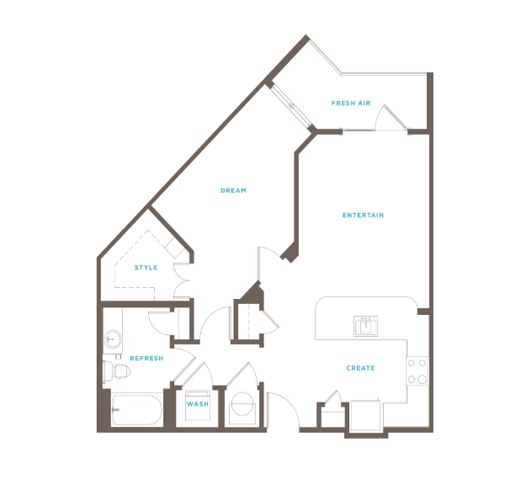 Modern floor plan featuring a spacious living area labeled \'Entertain,\' a cozy bedroom labeled \'Dream,\' and a sleek kitchen labeled \'Create.\' Includes a stylish nook labeled \'Style\' and a refreshing bathroom labeled \'Refresh.\' Ideal for comfort and functionality.