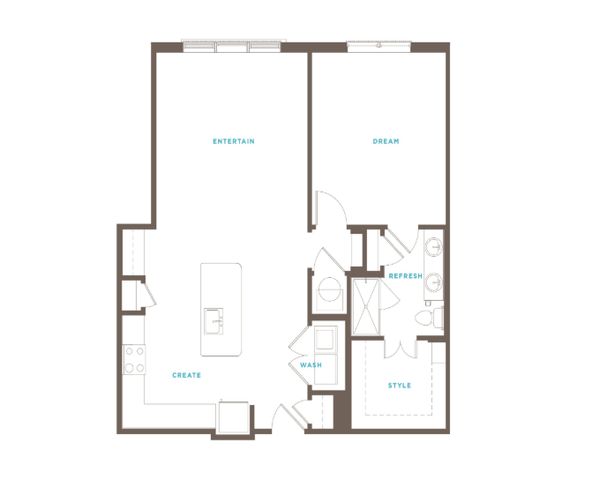 Modern 2D floor plan featuring an open-concept living area, one bedroom, stylish kitchen, and spacious bathroom.