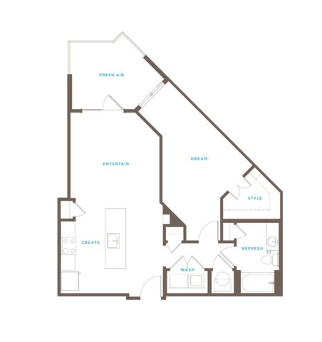 Modern floor plan featuring a spacious living area with a kitchen, one bedroom, a stylish bathroom, and a private balcony.