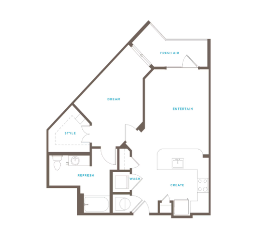 Modern apartment floor plan with 1 bedroom, spacious living area, stylish kitchen, and inviting balcony space.