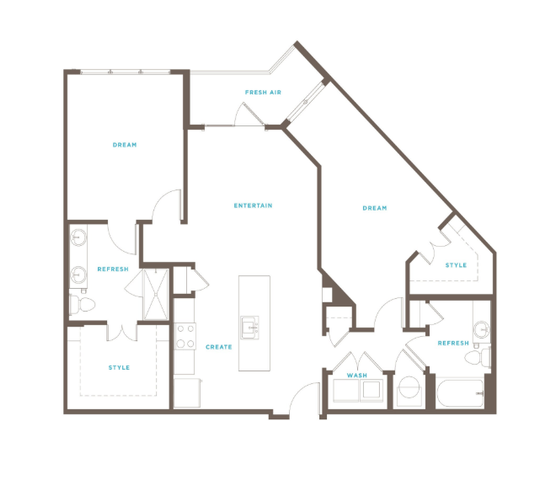 Elegant floor plan showcasing two expansive bedrooms, an inviting open-concept living area, and a large kitchen island perfect for entertaining.