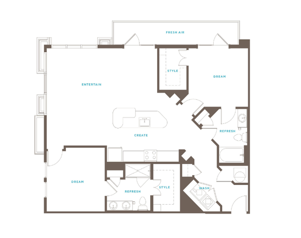 Modern floor plan with two bedrooms, spacious living and entertaining area, open kitchen with island, stylish walk-in closet, two refreshing bathrooms, and a dedicated laundry space.