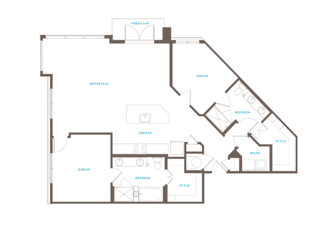 Modern floor plan featuring two bedrooms, an open living and dining area, and a stylish kitchen with island. Includes two well-appointed bathrooms, a laundry space, and outdoor access labeled \'Fresh Air\'.