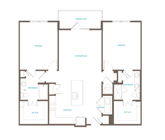 Elegant floor plan showcasing a modern open-concept living area, two spacious bedrooms, stylish bathrooms, and a contemporary kitchen with an island.