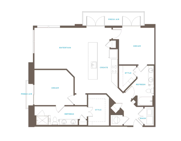 Elegant floor plan showcasing two spacious bedrooms, open-concept living area, modern kitchen, and private balcony access.
