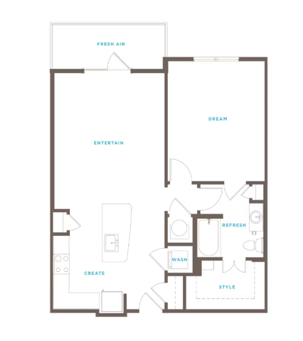 Modern floor plan showcasing 1 bedroom, a vibrant open-concept living area, a creative kitchen, and a refreshing patio space.