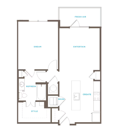 Modern floor plan with a spacious living area, open-concept kitchen, private bedroom, chic bathroom, and balcony.