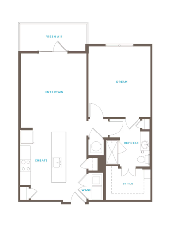 Chic floor plan showcasing a spacious 1-bedroom apartment with open-concept living area, stylish kitchen, and private patio.