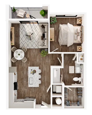 Modern open-concept floor plan with elegant bedroom, stylish living area, gourmet kitchen, and private balcony.
