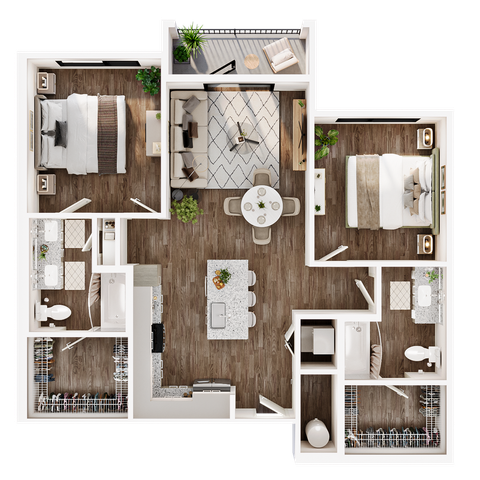 Modern floor plan showcasing 2 luxurious bedrooms, spacious open-concept living and dining area, contemporary kitchen with island, and two well-appointed bathrooms.