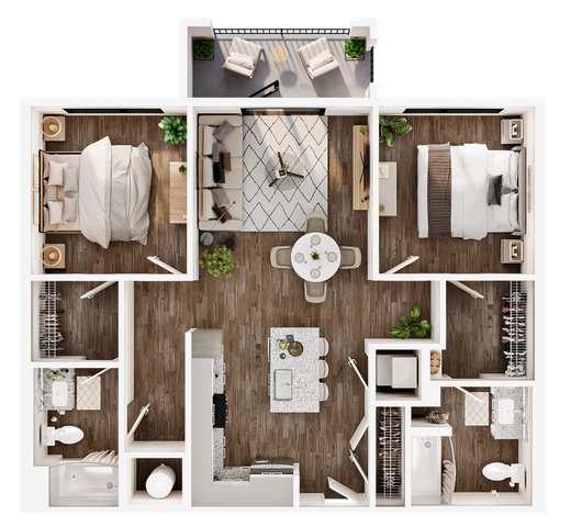 Chic 3D floor plan showcasing 2 bedrooms, elegant living area, modern kitchen, and a cozy balcony retreat.