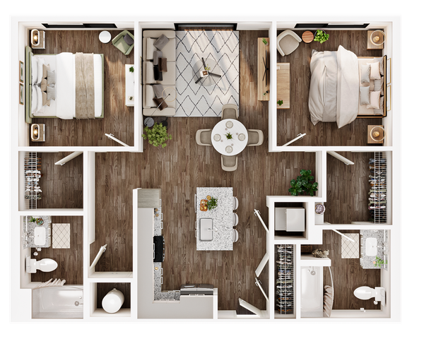Chic open floor plan featuring 2 elegant bedrooms, a stylish living room, modern kitchen, and 2 luxurious bathrooms, perfect for contemporary living.