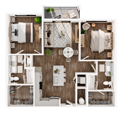 Chic 2D floor plan showcasing 2 spacious bedrooms, elegant open-concept living and dining area, and a modern kitchen. Includes two stylish bathrooms and a private balcony, perfect for urban living.