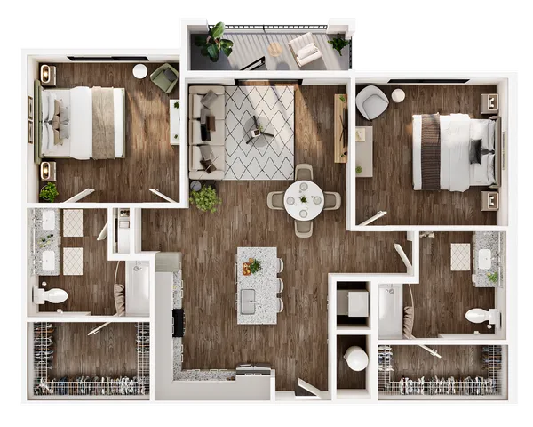 Modern 3D floor plan showcasing 2 bedrooms, elegant living area, and gourmet kitchen with open layout.