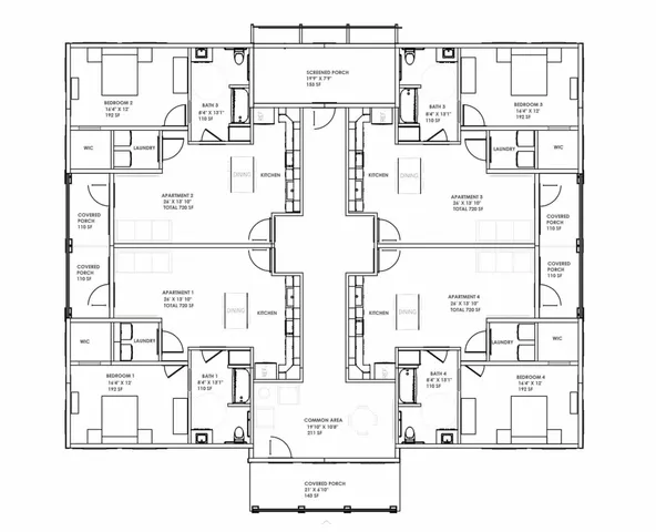 Expansive floor plan showcasing four elegant apartments, each with two bedrooms, spacious living areas, modern kitchens, and private covered porches, ideal for luxurious living.