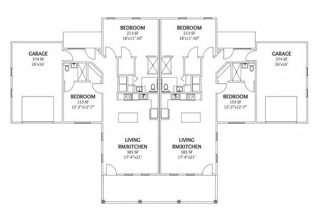 Duplex-style floor plan with 3 bedrooms, spacious living room with kitchen, and individual garages.