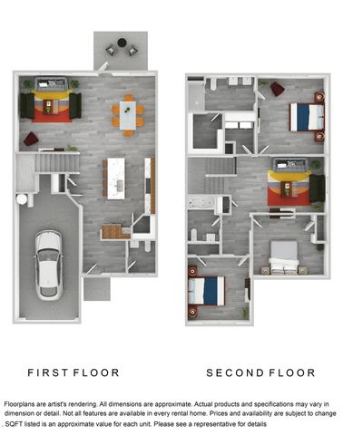 Modern two-story floor plan featuring an open-concept living area, spacious kitchen, and a single-car garage on the first floor; three bedrooms and cozy lounge area on the second floor.