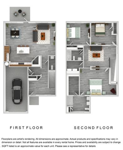 Modern two-story floor plan featuring an open-concept first floor with kitchen, dining, and living areas, plus a garage. The second floor offers three spacious bedrooms including a master suite, a cozy family room, and two bathrooms.