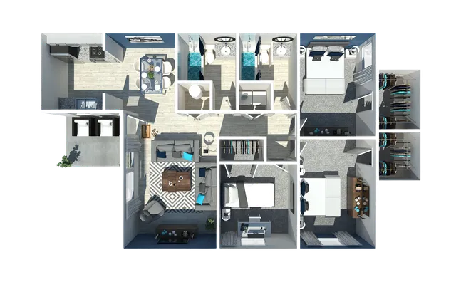 Elegant 3D floor plan highlighting a modern apartment with 3 bedrooms, 2 luxurious bathrooms, an open dining area, a spacious living room, and a sleek kitchen with state-of-the-art appliances.