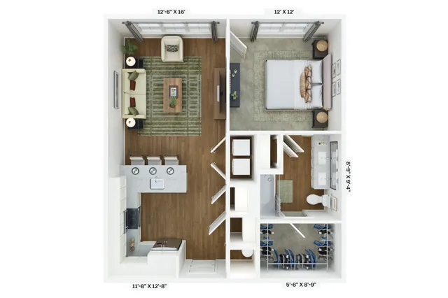 Modern 2D apartment floor plan featuring a spacious living area, stylish kitchen with breakfast bar, cozy bedroom, and elegant bathroom.
