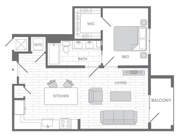 Modern floor plan featuring an open-concept kitchen and living area, one bedroom with a walk-in closet, a full bath, and a private balcony.